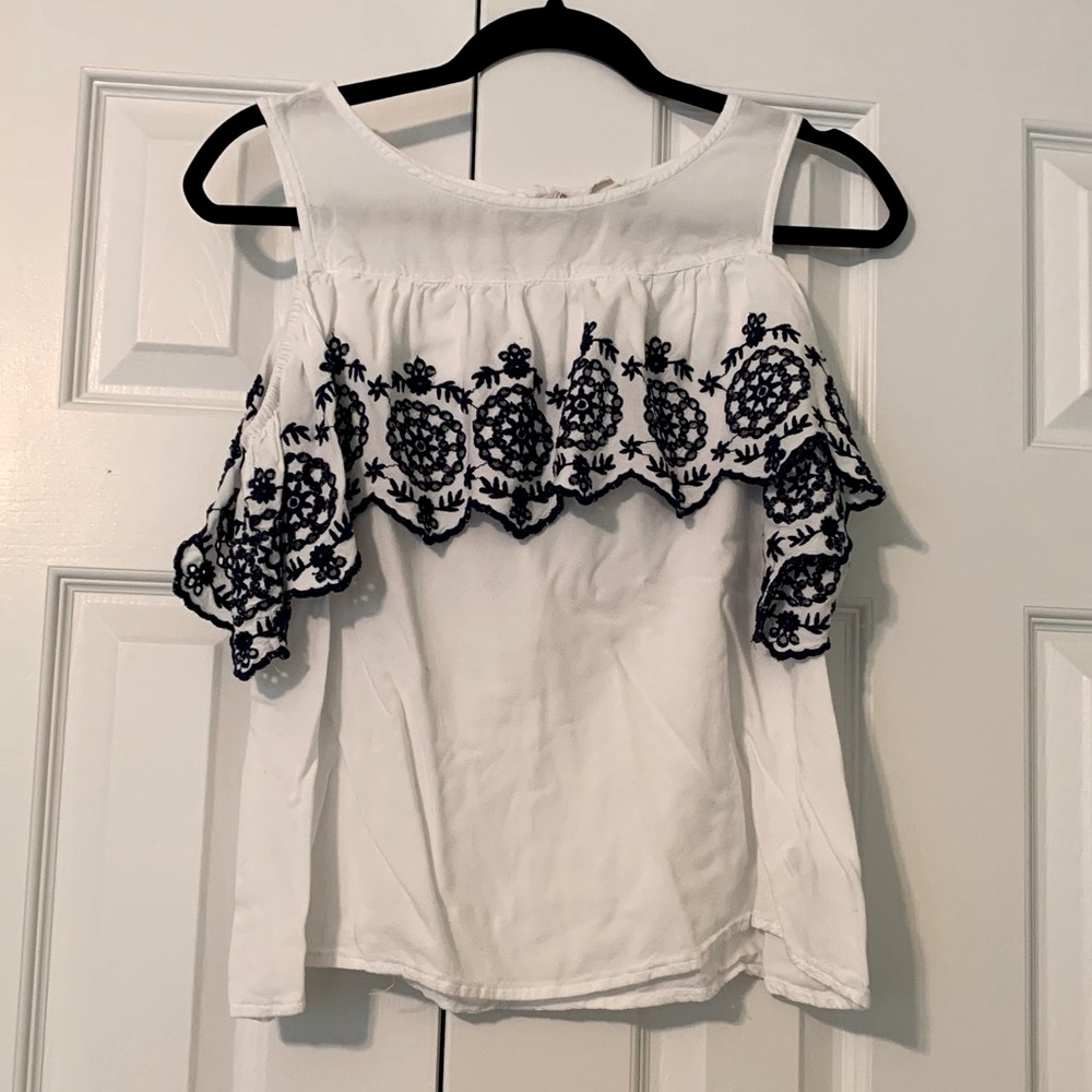 cold shoulder top with blue embroidery